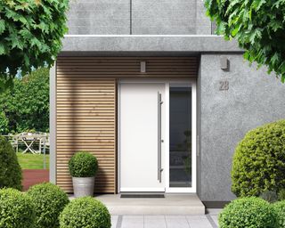 modern front door and front yard with boxwood plants