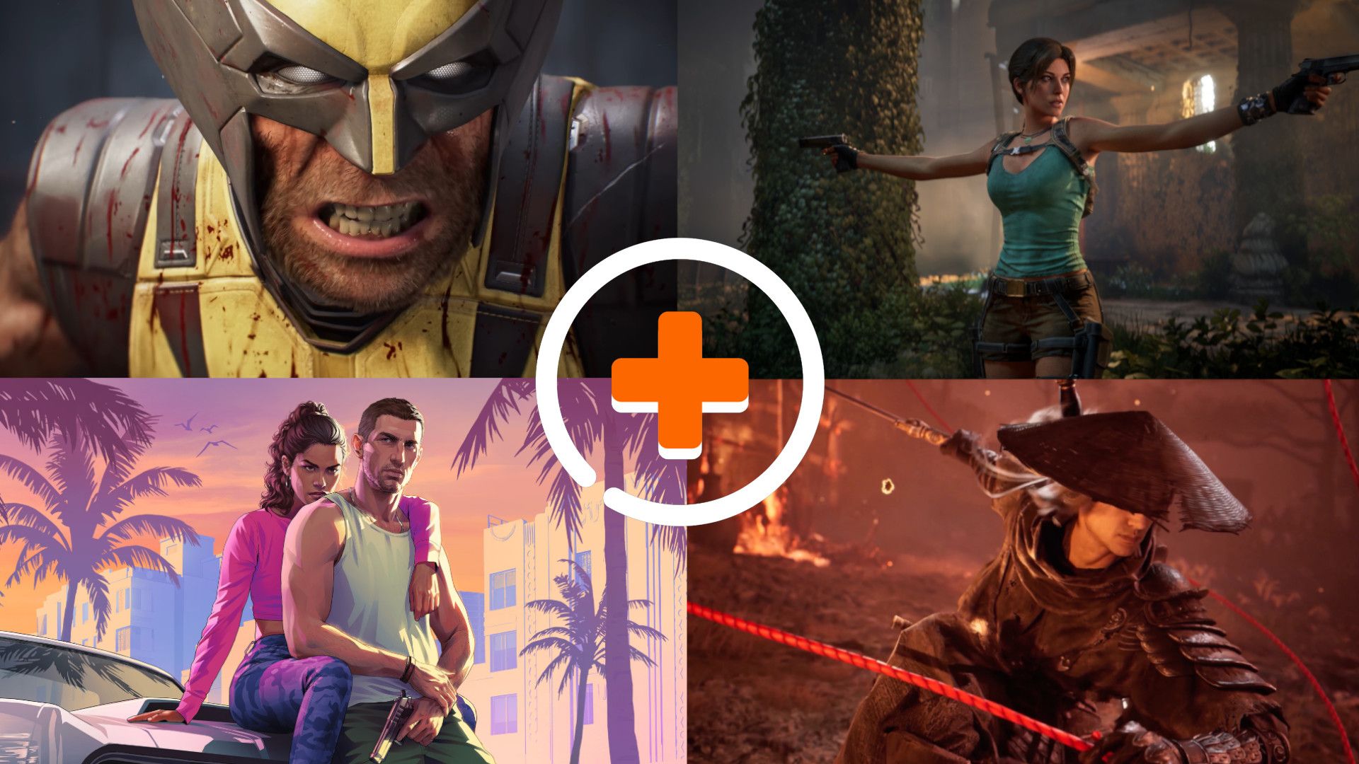 The upcoming PS5 games roundup featured image showing Marvel's Wolverine, Tomb Raider: Legacy of Atlantis, GTA 6, and Phantom Blade 0 with the GamesRadar+ logo in the center