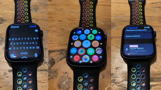 An Apple Watch 7 hands on leak showing the watch from three angles