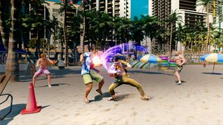 Like a Dragon: Pirate Yakuza in Hawaii review; game characters fight hand to hand on a beach