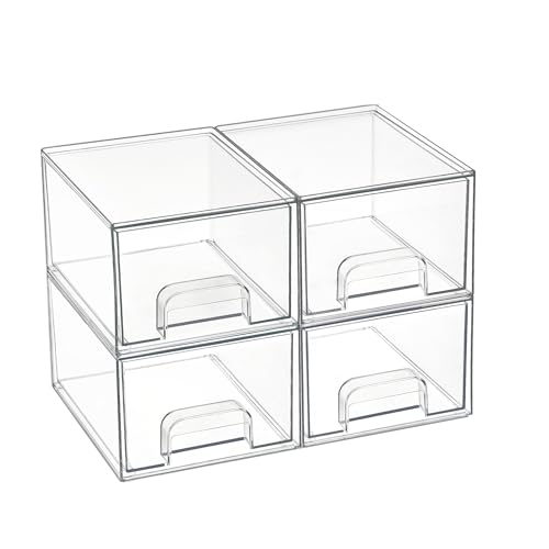 Vtopmart 4 Pack Clear Makeup Organiser, Acrylic Small Stackable Storage Drawers, Plastic Storage Box for Vanity, Bathroom, Under Sink, Kitchen Cupboard, Pantry, Home Organization