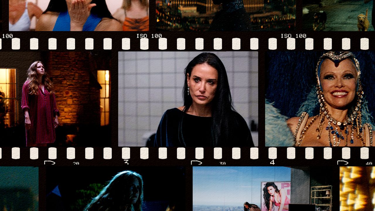 a collage of movie stills from nightbitch the substance and the last showgirl fit into what looks like film reels