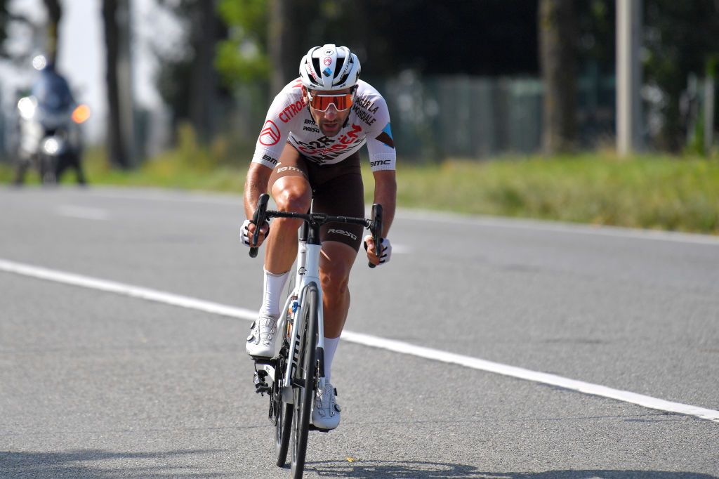 ARDOOIE BELGIUM SEPTEMBER 02 Julien Duval of France and AG2R Citren Team attacks in the breakaway during the 17th Benelux Tour 2021 Stage 4 a 1661km stage from Aalter to Ardooie BeneluxTour on September 02 2021 in Ardooie Belgium Photo by Luc ClaessenGetty Images