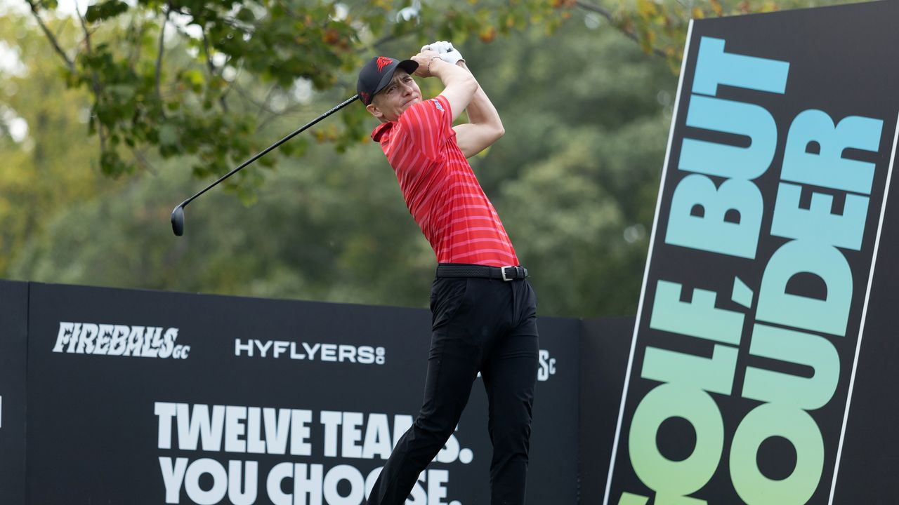 Carlos Ortiz hits a drive during a LIV Golf event