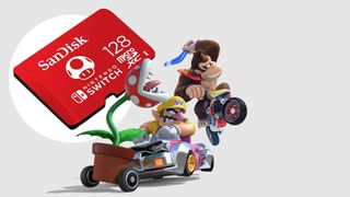 Nintendo Switch SD card deals - A product image of the SanDisk Micro SD card with 2 characters from Mario Kart 8.