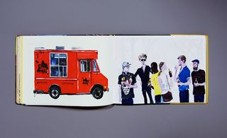 A spread from the East Village, Lower East Side chapter: 'Coffee truck' (left) and 'Hipsters at an opening' (right)