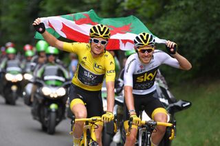 Luke Rowe with Geraint Thomas at the 2018 Tour de France