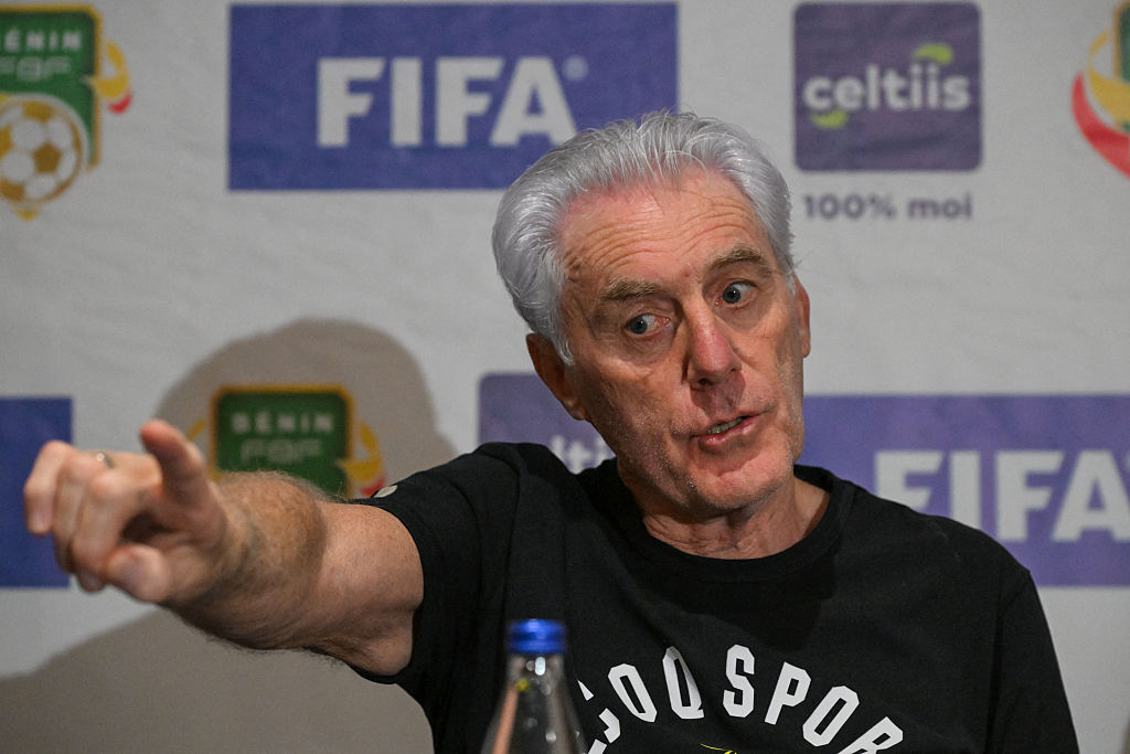 South Africa&#039;s coach Hugo Broos gestures during a press conference ahead of FIFA World Cup 2026 Africa group qualifier football match between Sout Africa and Benin in Abidjan on March 24, 2025.