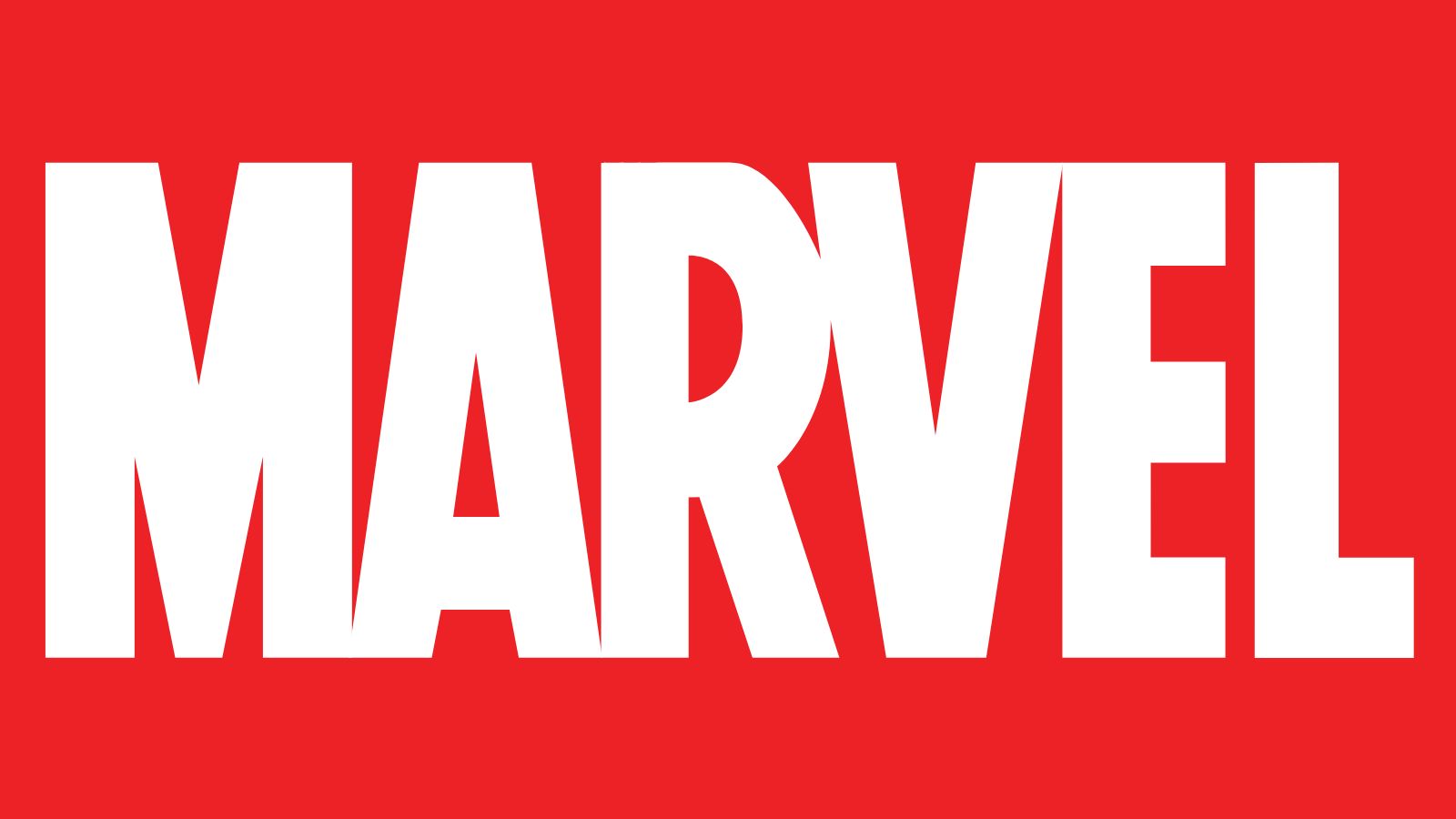 Marvel logo, impactful white font on red background