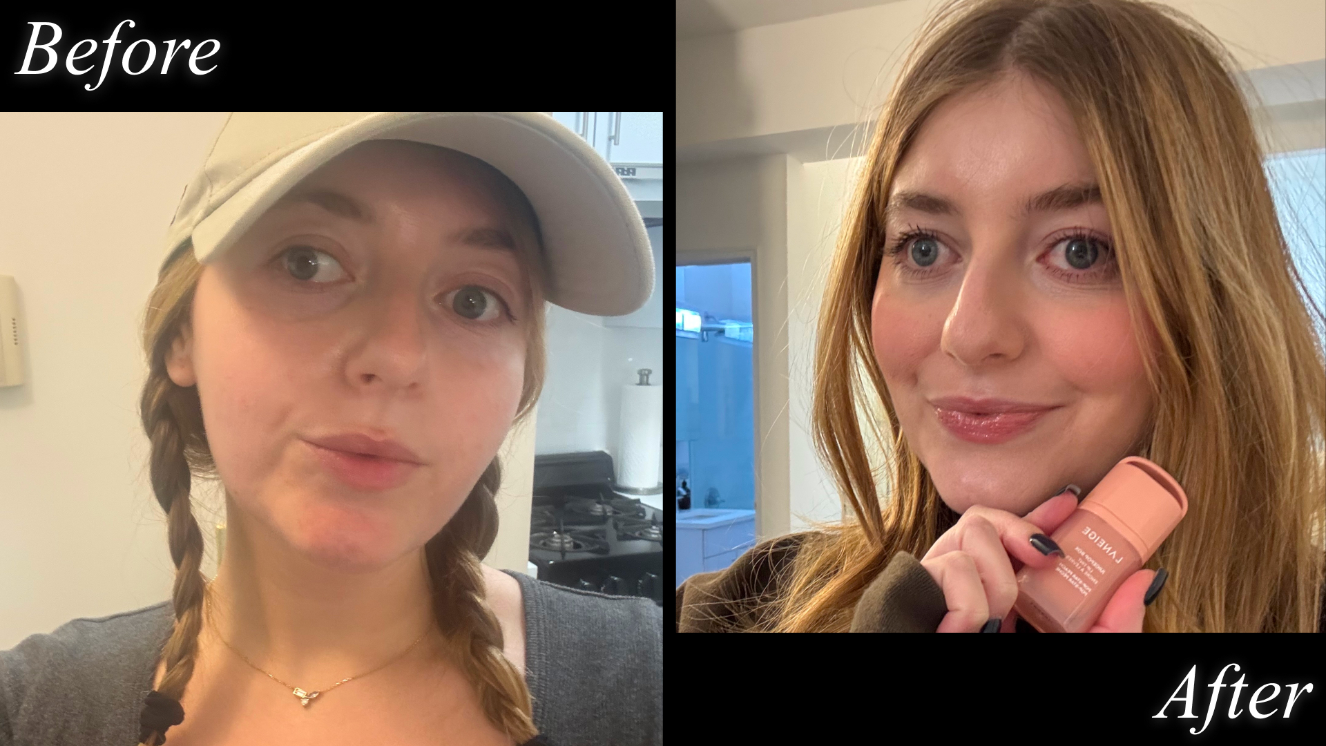 Samantha Holender before and after testing the Laniege JuicePop Box Lip Tint.