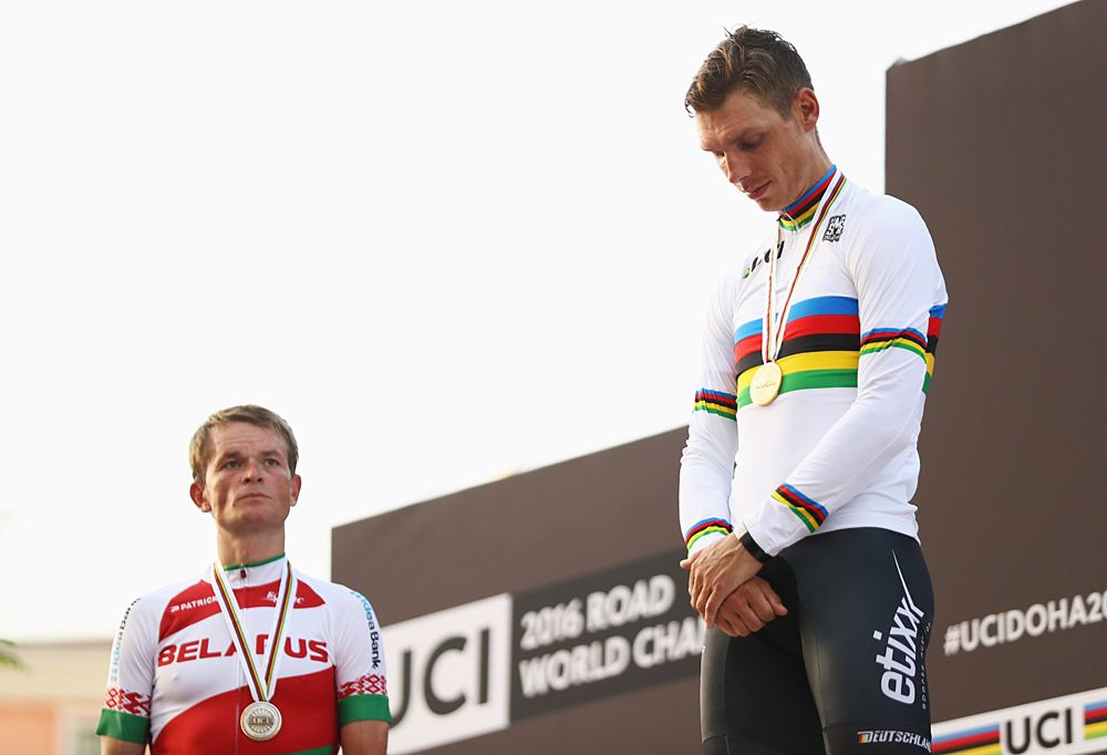 Tony Martin (Germany) listens to his national anthem on the podium in Doha