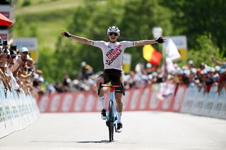 LEUKERBAD SWITZERLAND JUNE 14 Felix Gall of Austria and Ag2R Citron Team celebrates at finish line as stage winner during the 86th Tour de Suisse 2023 Stage 4 a 1525km stage from Monthey to Leukerbad 1367m UCIWT on June 14 2023 in Leukerbad Switzerland Photo by Dario BelingheriGetty Images