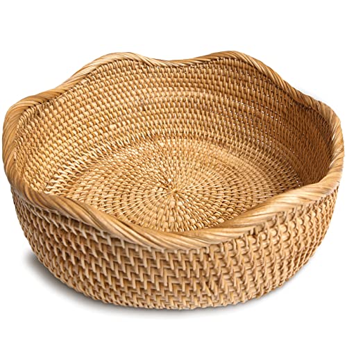 Hitomen Handmade Rattan Bread Baskets Round Wicker Fruit Serving Storage Bowls, Natural Woven Decorative Kitchen Counter Organizing (honey Brown) M-10.2&quot;