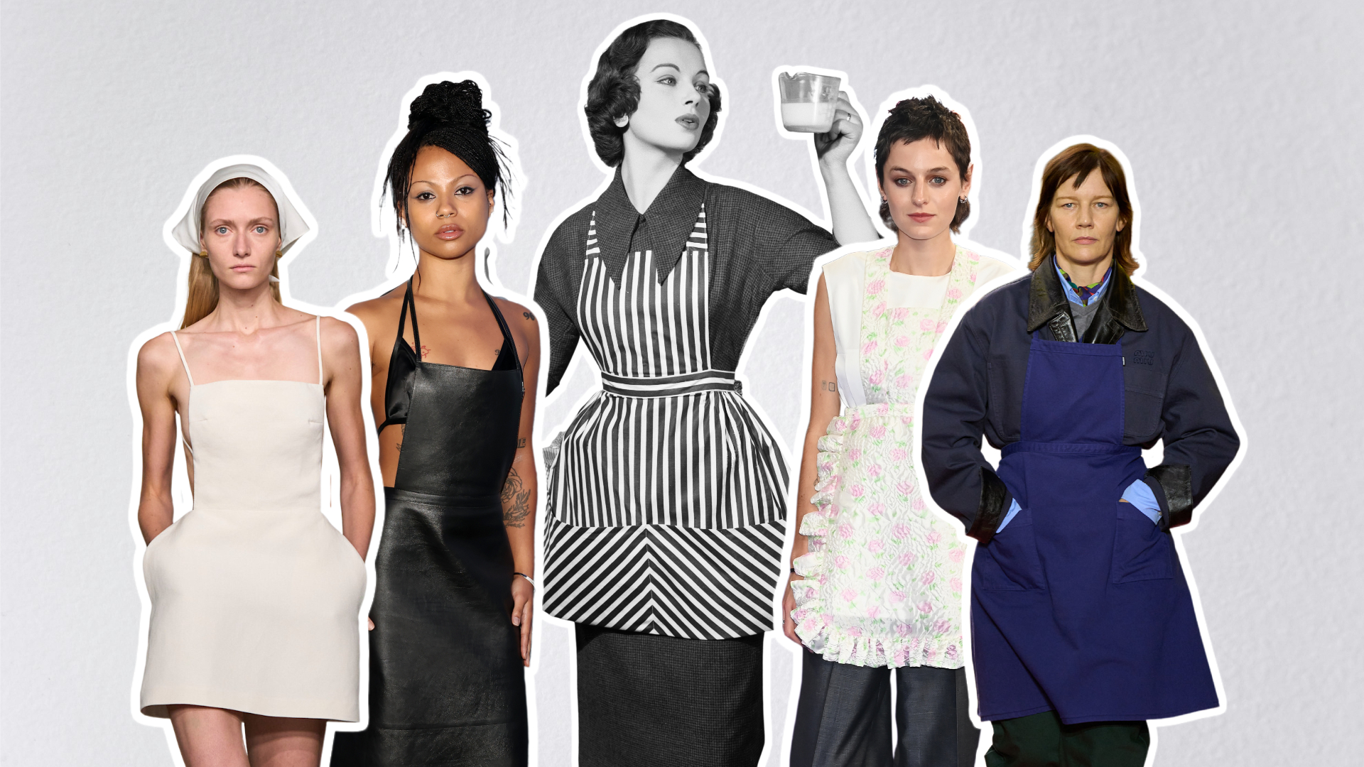 a collage of a model walking Calvin Klein Spring 2026, Myha'la, a 1950s housewife, Emma Corrin, and Sandra H&uuml;ller walking in Miu Miu Spring 2026 wearing the apron dress trend