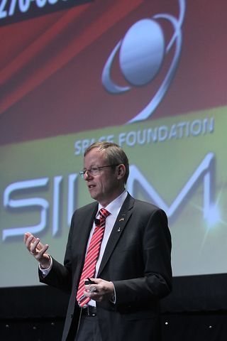 The next European Space Agency director general, Johann-Dietrich Wörner, discusses a potential far-side moon station at the the Space Foundation's 31st National Space Symposium, in April 2015.