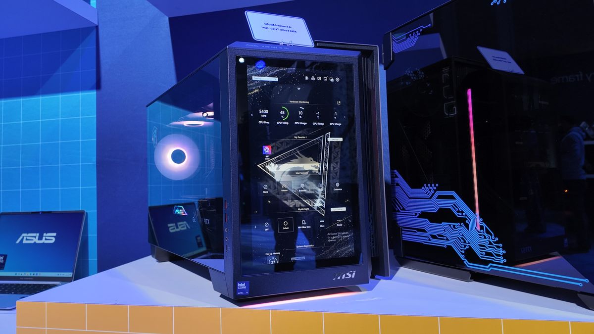 A photo of an MSI MEG Vision X AI desktop gaming PC on display at CES 2025