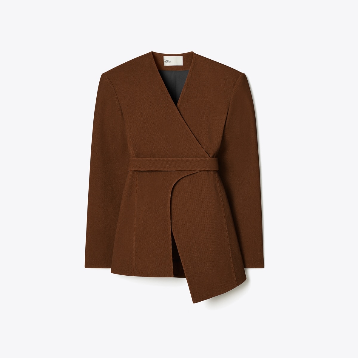 Asymmetrical Piqué Wrap Jacket in Brown, Size 10