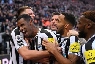 Newcastle United striker Alexander Isak celebrates with team mates after scoring the winning goal during the Premier League match between Newcastle United and Fulham FC at St. James Park on January 15, 2023 in Newcastle upon Tyne, England.