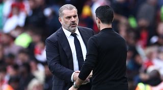 Ange Postecoglou shakes hands with Mikel Arteta after the 2-2 draw between Arsenal and Tottenham in the Premier League in September 2023.