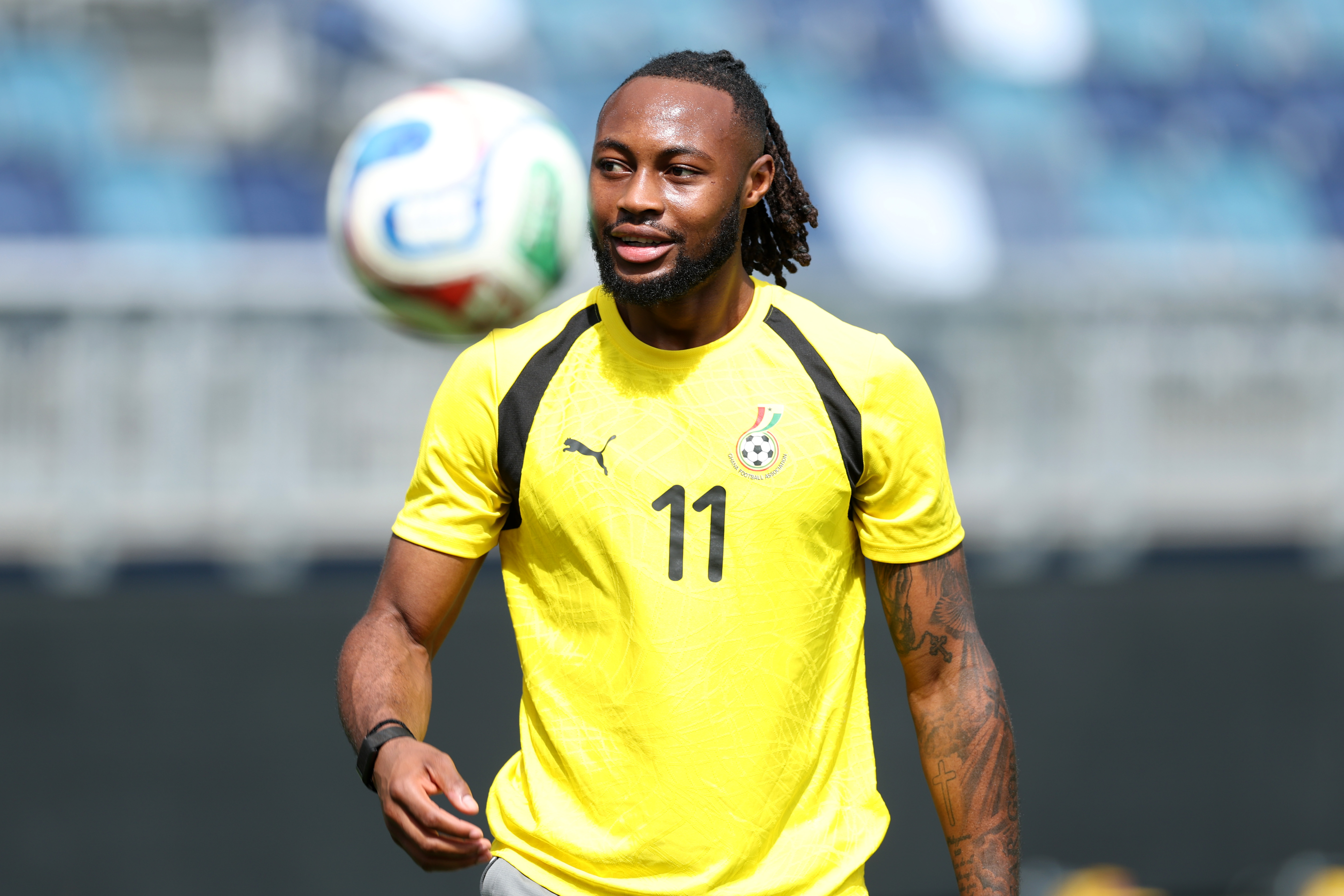KANSAS CITY, MISSOURI - JULY 02: Antoine Semenyo #11 of Ghana warms up during the Ghana training session ahead of the FIFA World Cup 2026 Round of 32 match between Colombia and Ghana at Sporting KC Stadium on July 02, 2026 in Kansas City, Missouri. (Photo by Michael Regan - FIFA/FIFA via Getty Images)