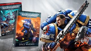 Titus from Warhammer 40k beside Warhammer Space Marine codex