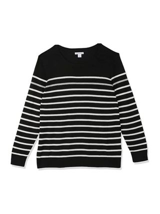 Amazon Essentials Women's Long-Sleeve Lightweight Crewneck Sweater (available in Plus Size), Black Grey White Stripe, Medium