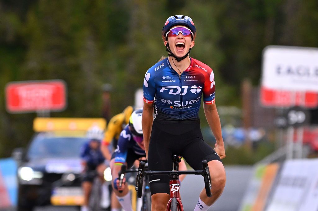 NOREFJELL NORWAY AUGUST 24 Cecilie Uttrup Ludwig of Denmark and Team FDJSuez celebrates at finish line as stage winner during the 9th Tour of Scandinavia 2023 Battle Of The North Stage 2 a 1505km stage from Vikersund to Norefjell 791m UCIWWT on August 24 2023 in Norefjell Norway Photo by Luc ClaessenGetty Images