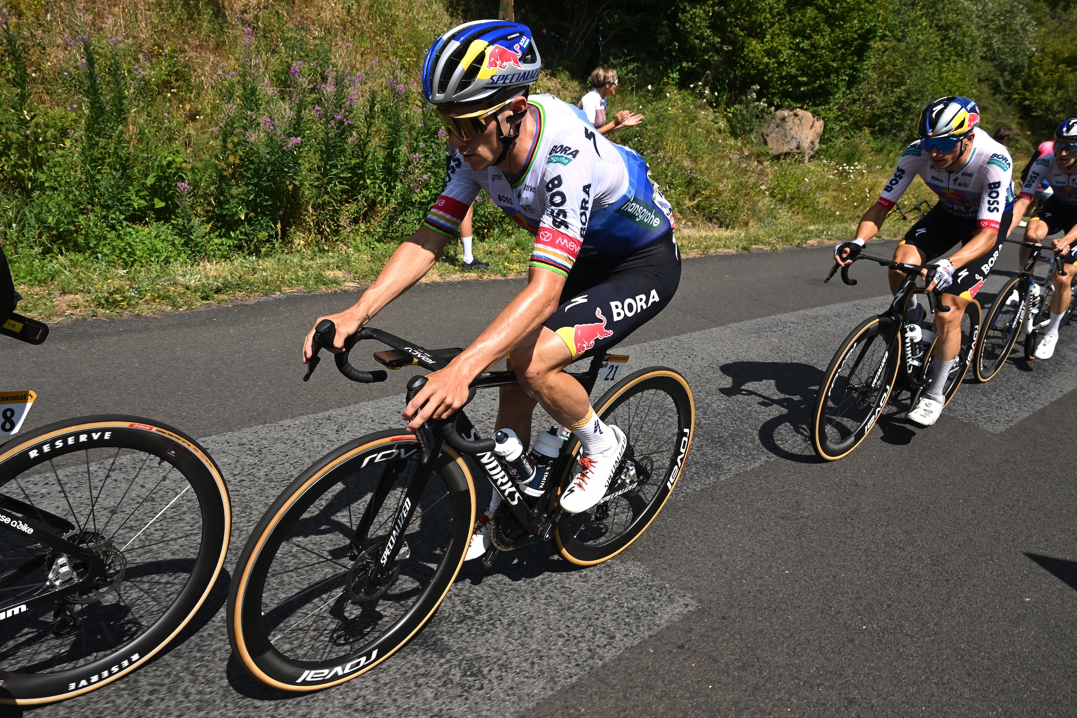 LE LIORAN, FRANCE - JULY 14: Remco Evenepoel of Belgium and Team Red Bull - BORA - hansgrohe competes during the 113th Tour de France 2026, Stage 10 a 166.6km stage from Aurillac to Le Lioran 1240m / #UCIWT / on July 14, 2026 in Le Lioran, France. (Photo by  Dario Belingheri/Getty Images)