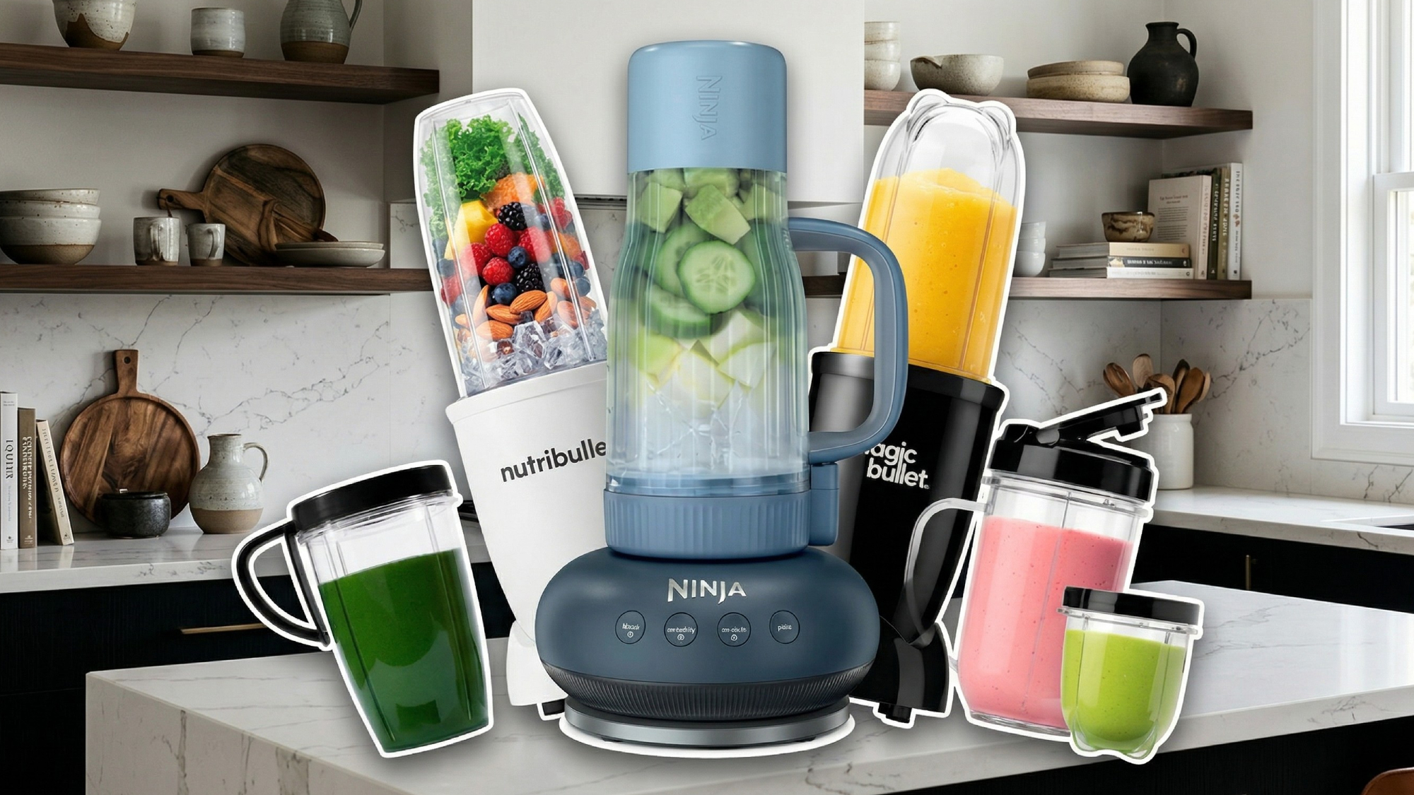 Collage of personal blenders shown on kitchen counter