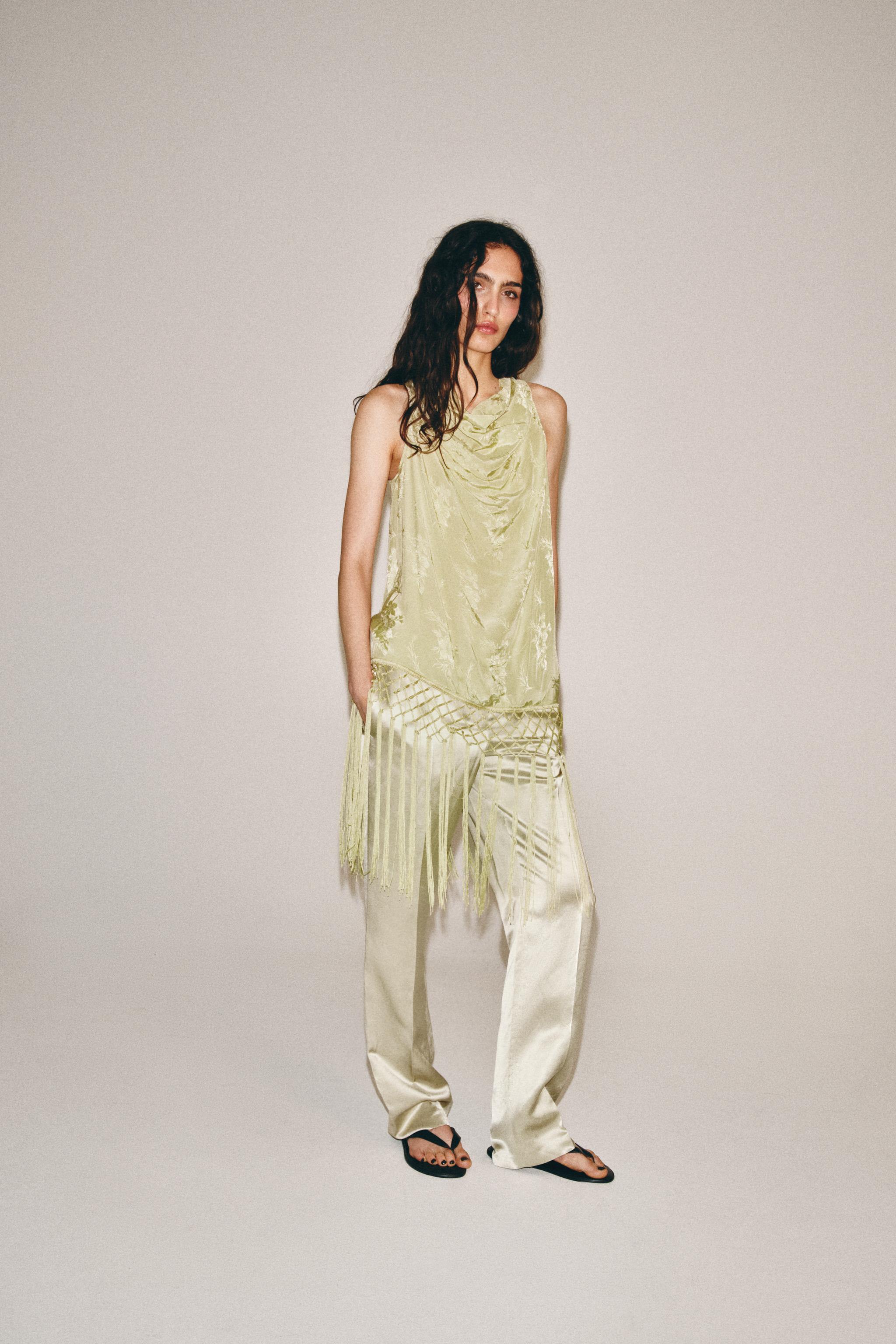 Zw Collection Jacquard Fringed Top - Lime - Xs