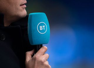 BT Sport presenter Jake Humphrey holding a microphone before the Premier League match between Everton and Manchester United at Goodison Park on April 9, 2022 in Liverpool, United Kingdom.