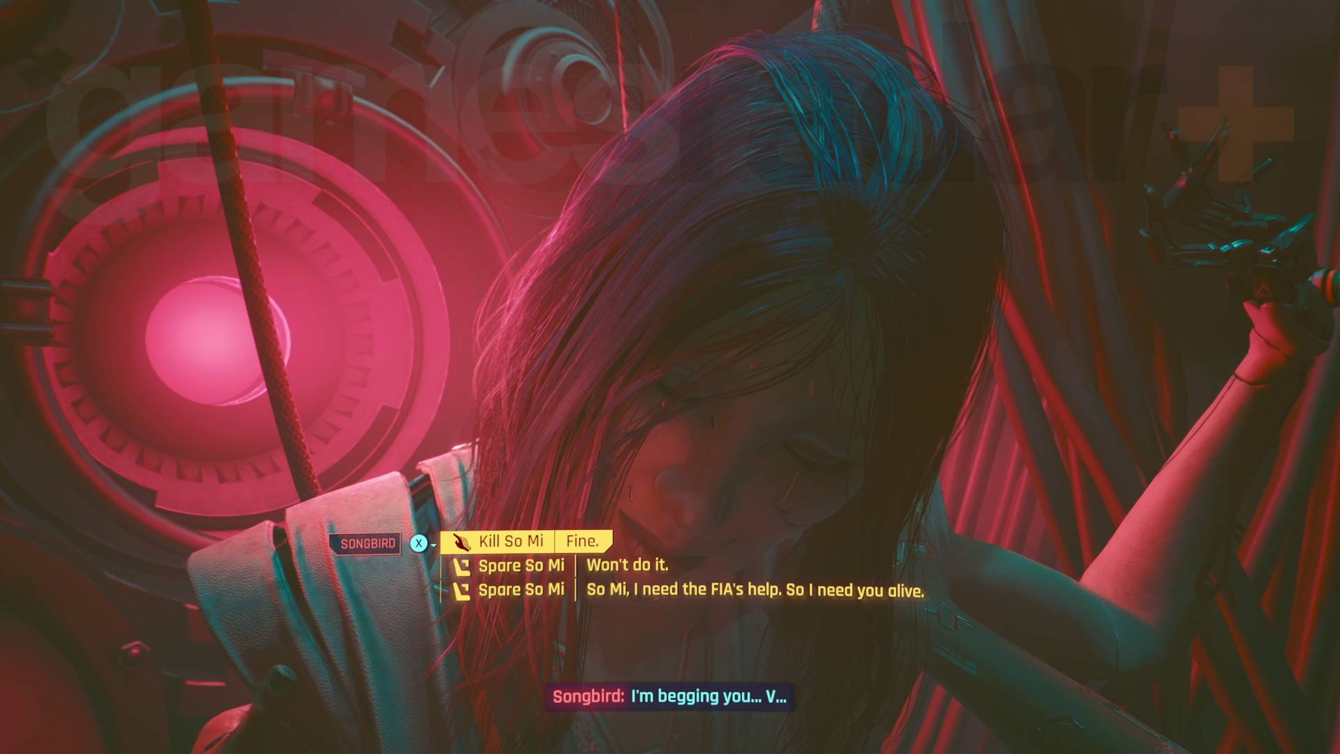 Cyberpunk 2077 Phantom Liberty final choice spare or kill Songbird in Cynosure bunker core