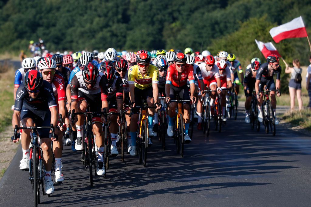 PRZEMYSL POLAND AUGUST 10 Phil Bauhaus of Germany and Team Bahrain Victorious Yellow Leader Jersey The Peloton during the 78th Tour de Pologne 2021 Stage 2 a 201km stage from Zamo to Przemyl 341m TourdePologne TDP2021 UCIWT on August 10 2021 in Przemysl Poland Photo by Bas CzerwinskiGetty Images