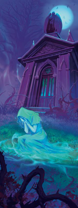 A hooded ghost weeps in front of a catacomb featuring a winged angel 
