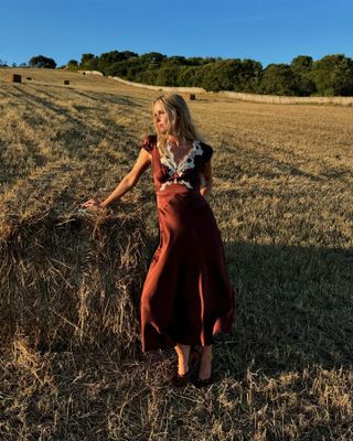 Woman in brown silk dress.