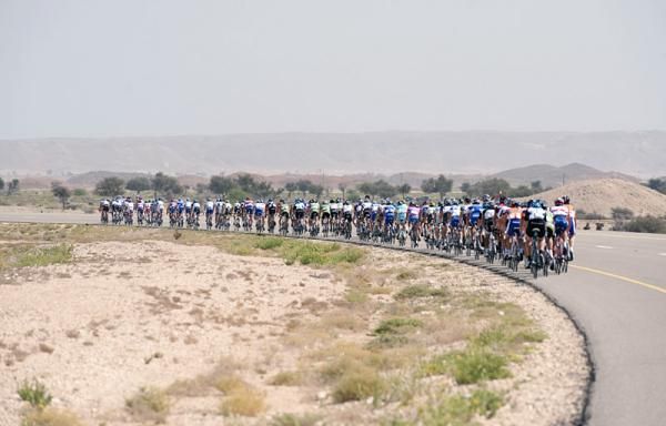 The peloton in action during stage three, the longest day in the saddle of the Tour of Oman.