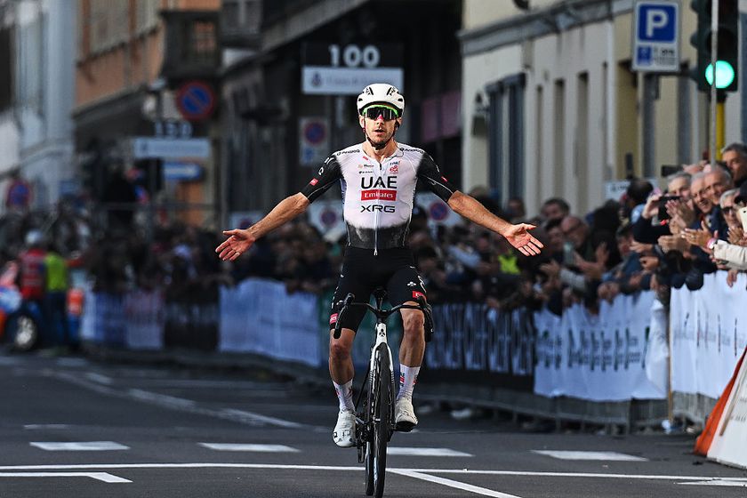 LISSONE, ITALY - OCTOBER 05: Adam Yates of Great Britain and UAE Team Emirates celebrates at finish line as race winner during the 78th Coppa Agostoni - Giro Delle Brianze 2025 a 166.7km one day race from Lissone to Lissone on October 05, 2025 in Lissone, Italy. (Photo by Dario Belingheri/Getty Images)