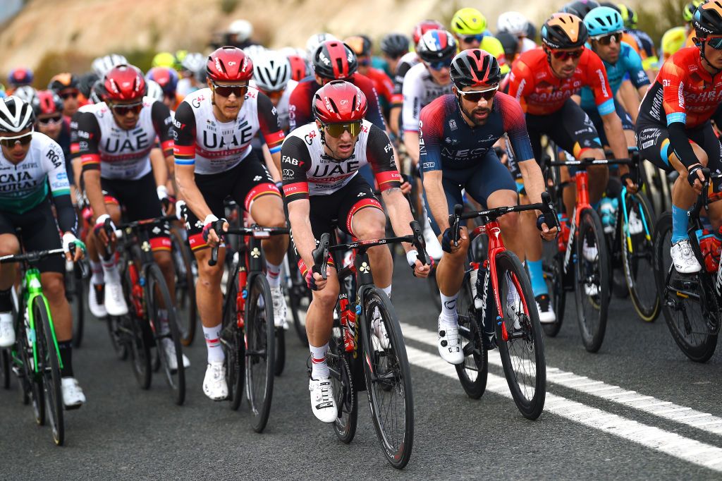 TORREVIEJA SPAIN FEBRUARY 05 LR Matteo Trentin of Italy and UAE Team Emirates Jan Polanc of Slovenia and UAE Team Emirates and Nicolas Jonathan Castroviejo of Spain and Team INEOS Grenadiers compete during the 73rd Volta A La Comunitat Valenciana 2022 Stage 4 a 1931km stage from Orihuela to Torrevieja VCV2022 on February 05 2022 in Torrevieja Spain Photo by Dario BelingheriGetty Images
