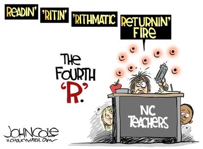 Political cartoon U.S. School shootings arming teachers three Rs
