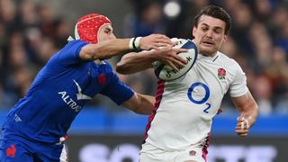 George Furbank of England is tackled by Gabin Villiere of France during a Guinness Six Nations Rugby match