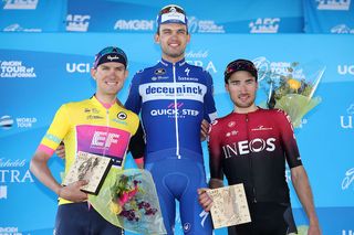 The stage 2 podium at the 2019 Tour of California: new overall leader Tejay van Garderen (EF Education First), winner Kasper Asgreen (Deceuninck-QuickStep) and third on the stage, Gianni Moscon (Team Ineos)