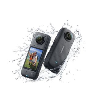 Insta360 X4 front and back surrounded by splashing water on a white background