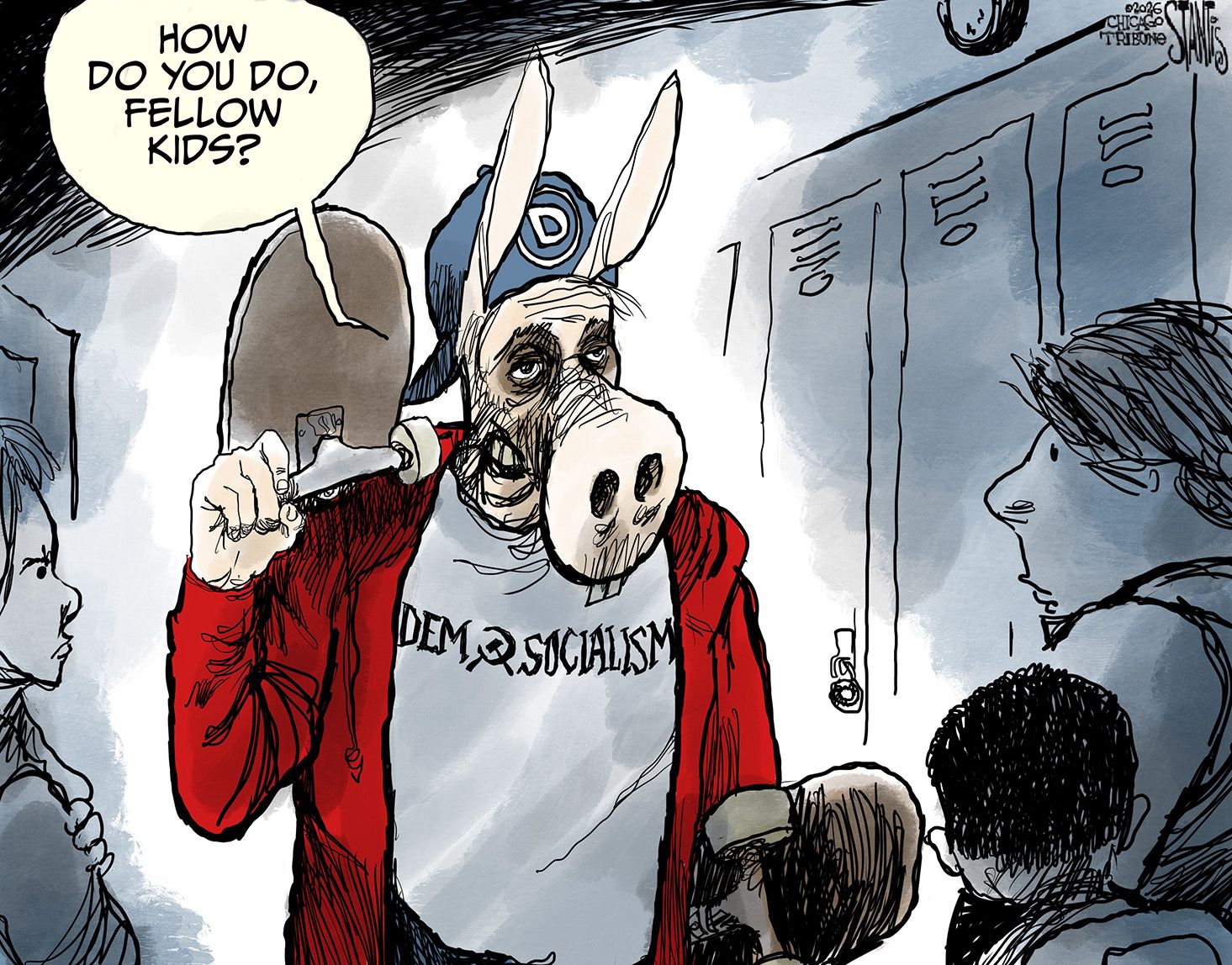 
                                This cartoon depicts a donkey holding a skateboard in a takeoff of the Steve Buscemi meme where he tries to look like a young man. The donkey wears a “Dem Socialism” T-shirt and says, “How do you do, fellow kids” to a group of skeptical-looking young people.
                            
