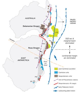 A map showing the positions of Australia and Antarctica in the Gondwanan supercontinent.