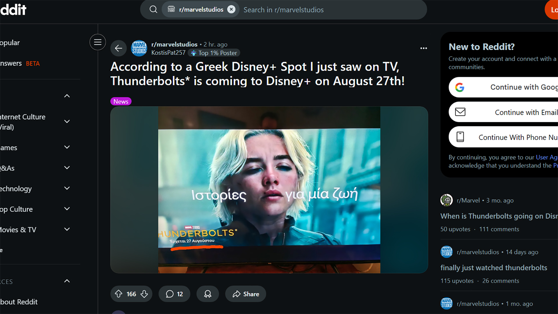 A screenshot of a Reddit thread showing Thunderbolts* will arrive on Disney+ on August 27