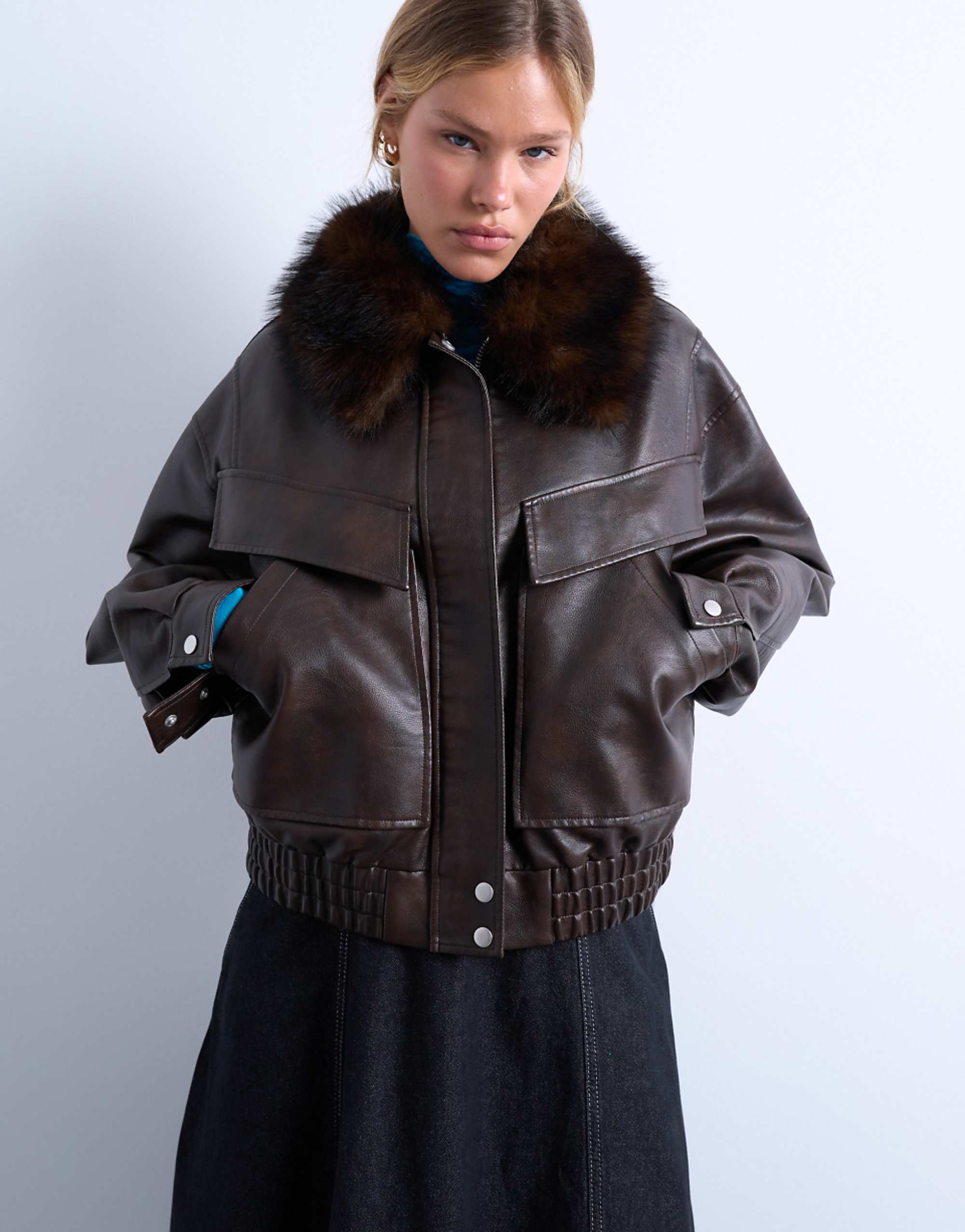 Topshop Faux Leather Boxy Zip Through Pocket Bomber Jacket With Detachable Fur Collar in Washed Brown