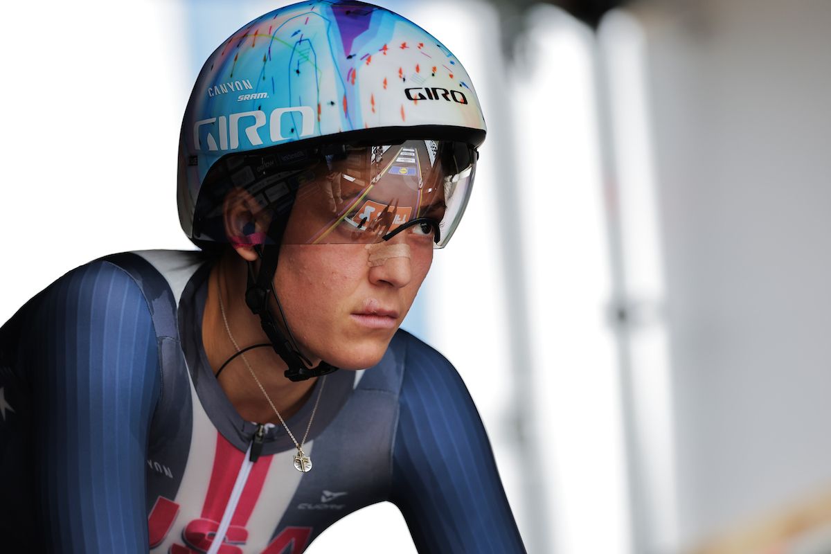 Picture by Alex Whitehead/SWpix.com - 10/08/2023 - Road Cycling - 2023 UCI Cycling World Championships - Stirling, Scotland - Women&acirc;s Elite Time Trial - Chloe Dygert of The USA before the Women's Elite Time Trial
