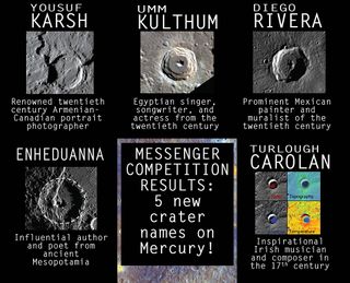 These five new names for Mercury craters were announced by NASA in April 2015. MESSENGER's Education and Public Outreach (EPO) team led a contest that solicited naming suggestions from the public via a competition website, and these were the winners.