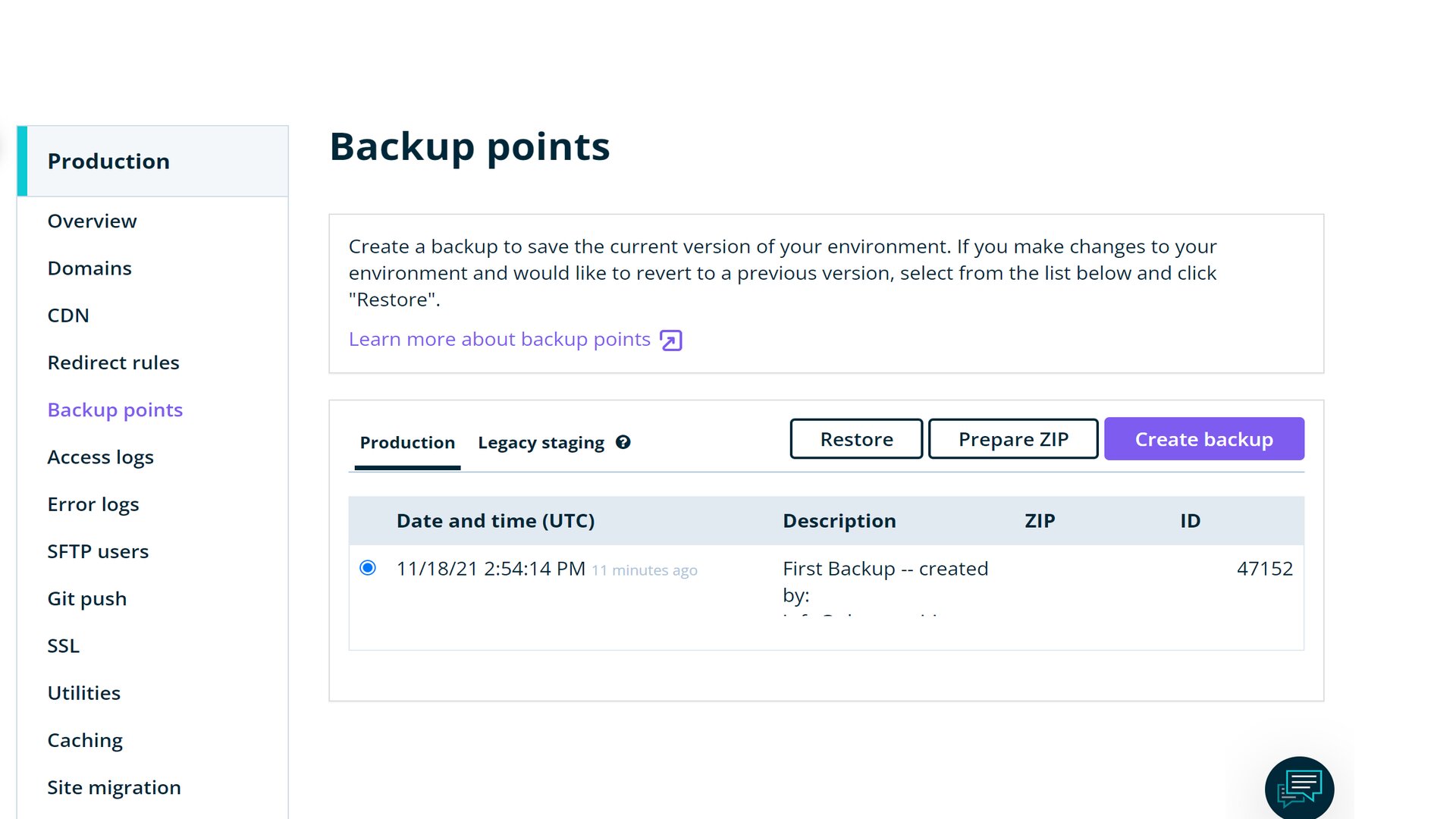 WP Engine's backup settings menu within its user dashboard