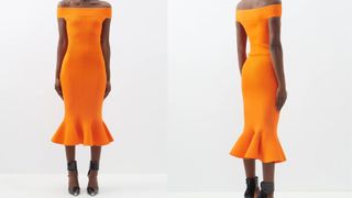 orange ruffle hem bodycon dress